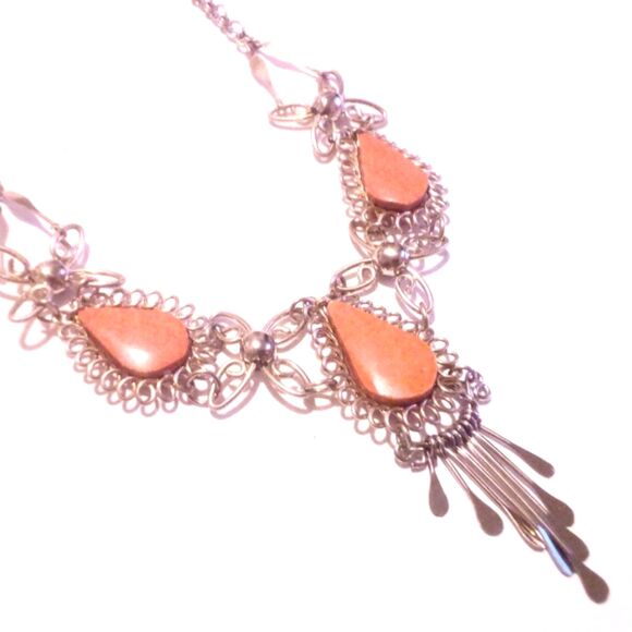 Vintage Ethnic Peruvian Silver and Jasper Statement Necklace - Picture 3 of 5